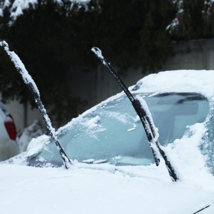 windshield and wiper blades covered in snow